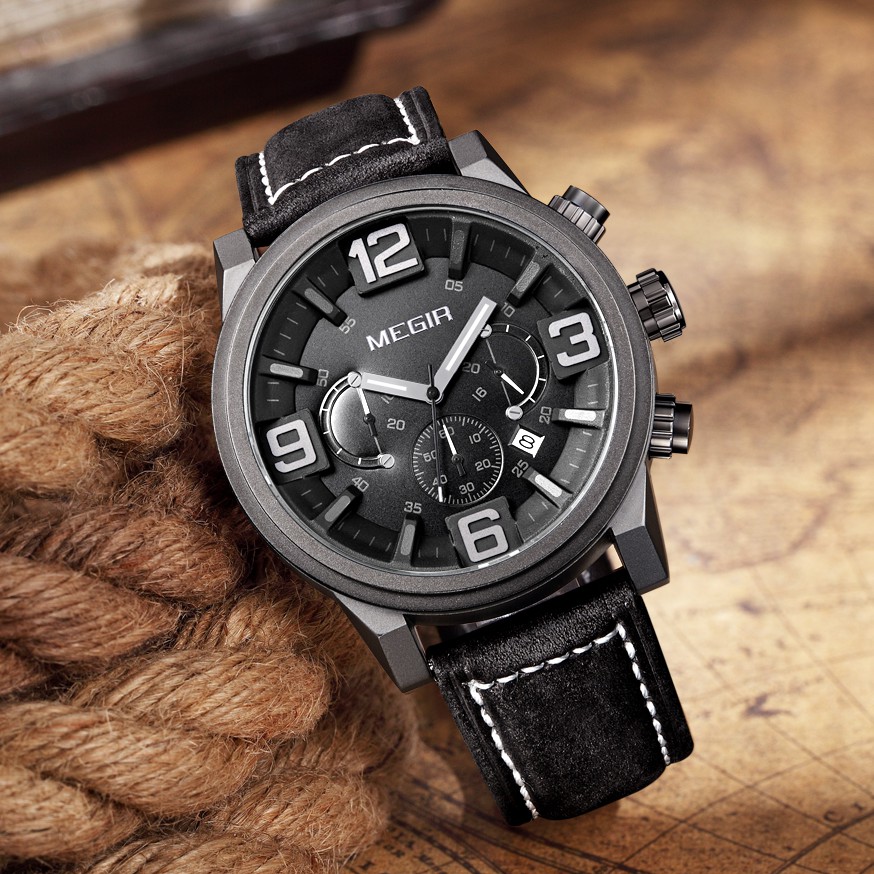 MEGIR 3010 Jam Tangan Pria Analog Chronograph Tali Kulit WATCHKITE WKOS