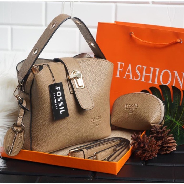 PROMO TAS WANITA Tas wanita batam Fosil 023 LOCKDOWN tas bahu import premium murah - Khaki SEKOLAH K