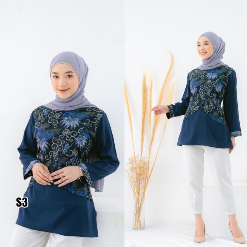 tey-17 Batik wanita ASJ SA HRB026 Kenongo Kemeja Tosca Pendek-Naura navy