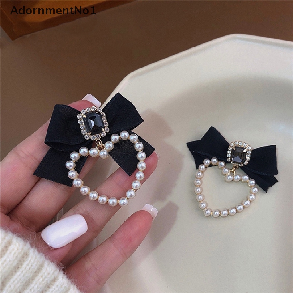 (AdornmentNo1) Anting Tusuk Gantung Bentuk Pita Hitam Aksen Kristal + Mutiara Imitasi Untuk Wanita