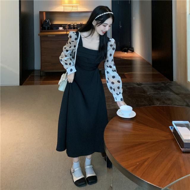 #29 Dress Vintage Wanita Motif Polos Lengan Panjang Polkadot (S/M/L/XL/XXL)