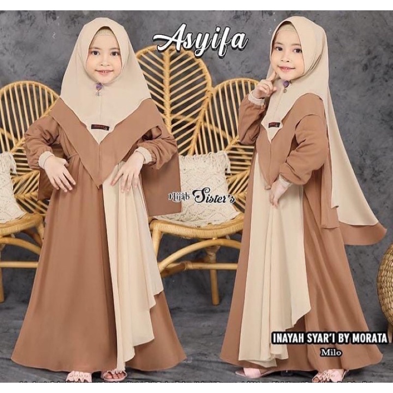 Gamis Anak Syari Asyifa Inayah Kids +Hijab Syari Dalam Bahan ManggoCrepe Motif Terbaru Varian Sholeh