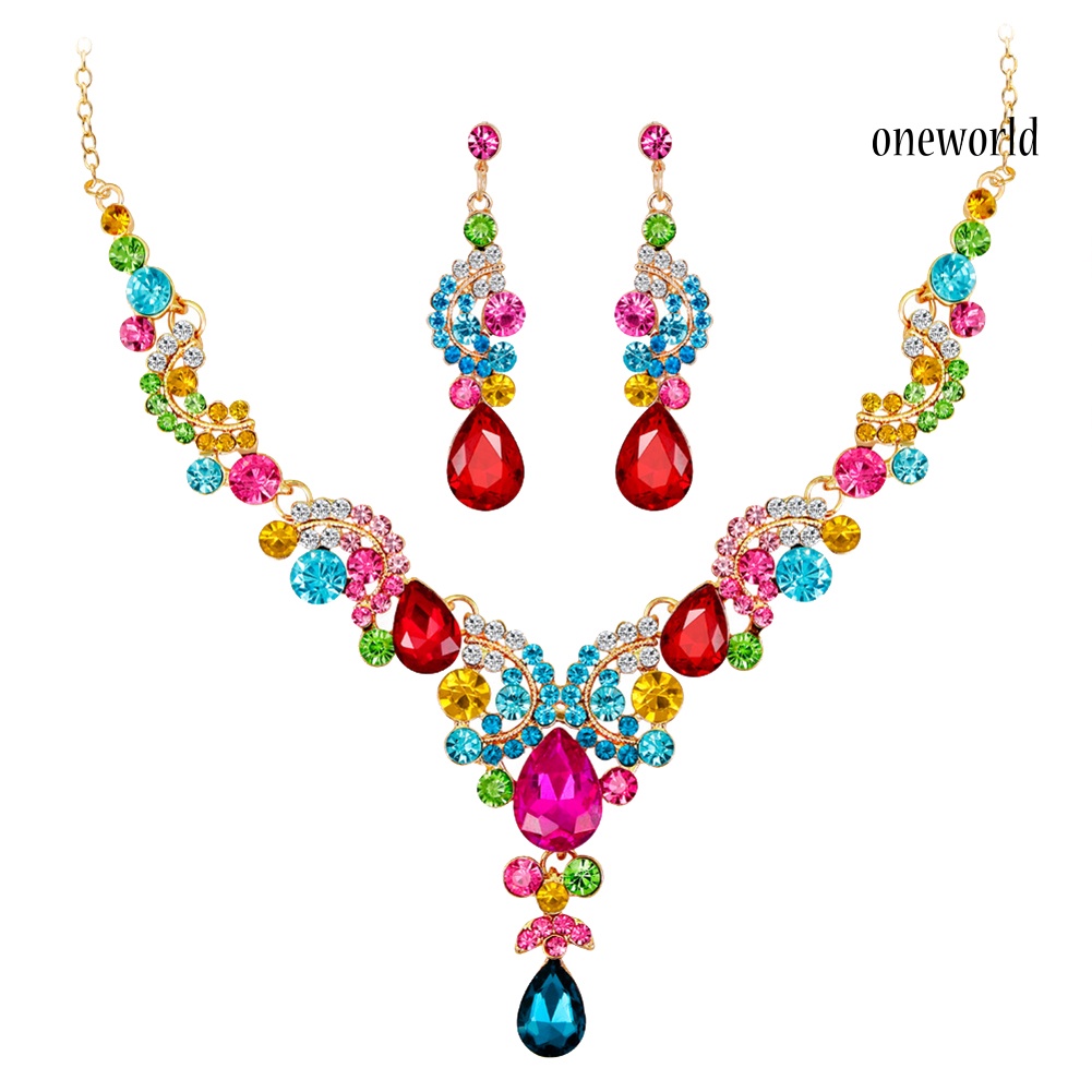 OW@ Luxury Water Drop Rhinestone Inlaid Wedding Bridal Necklace Earrings Jewelry Set