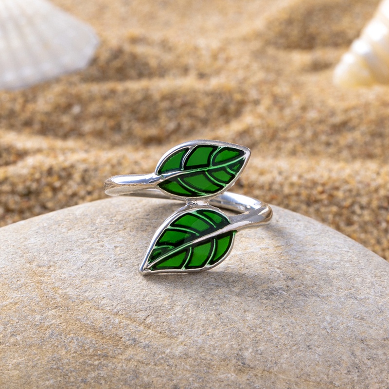 Fancyqube Cincin Model Terbuka Desain Daun Hijau Gaya Korea Untuk Wanita