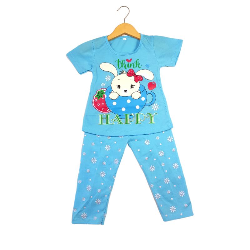 SETELAM SIKUNING PAKAIAN BAJU ANAK PEREMPUAN 2-7 TAHUN MOTIF BUNNUY HAPPY LENGAN PENDEK CELANA PANJANG