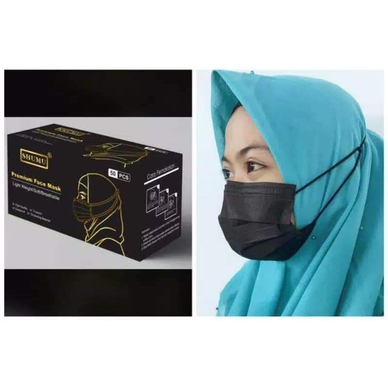 SHUMU Masker Hijab Hitam/Black 3ply Headloop isi 50pcs