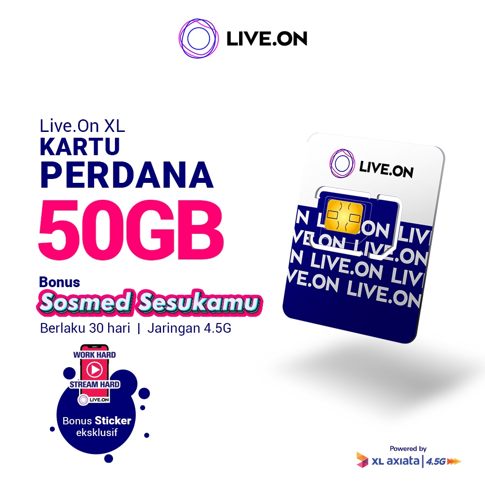 Live.On Kartu Perdana 50GB (30 hari) + Sosmed Sesukamu Jaringan 4.5G + Sticker J