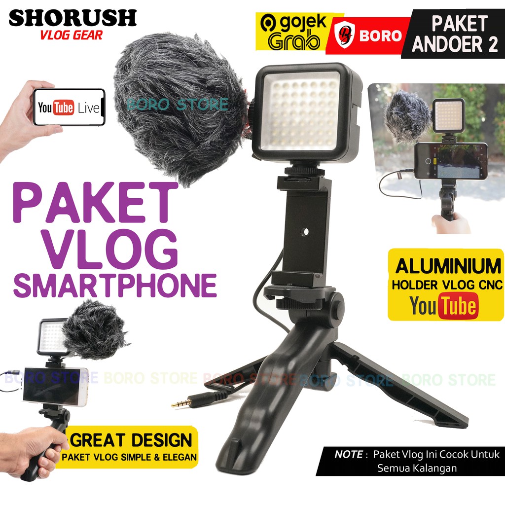 ( PAKET VLOG Smartphone ) Mic Mikrofon Shorush CM 1 Tripod Andoer MERAH