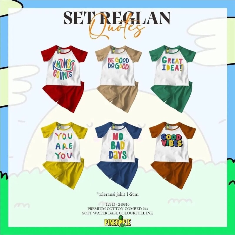grosir setelan reglan quotes pineapple kids 12345 per 5pcs