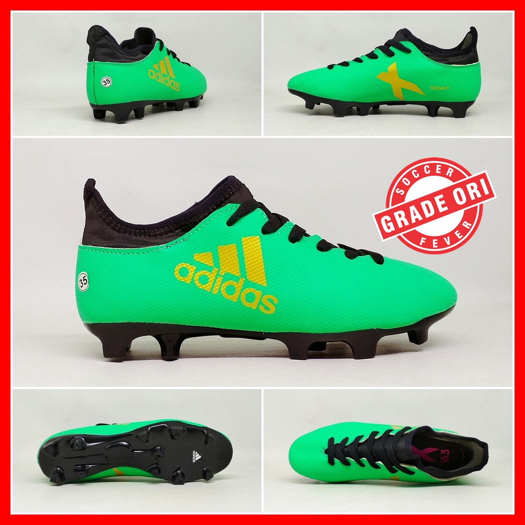 Sepatu Sepak Bola Anak Adidas X Techfit Hijau List Emas Boot Kids