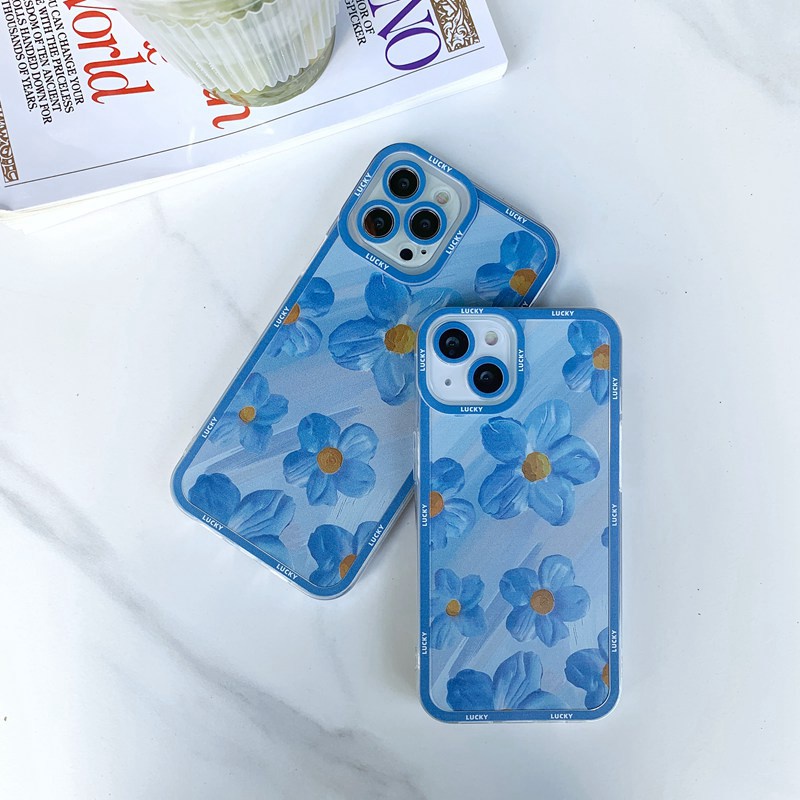 Blue Oil Painting Flowers Soft Case iP iPhone 11 12 13 Pro Max 6 6S 7 8 + Plus X XR SE 2020 XS Max Casing