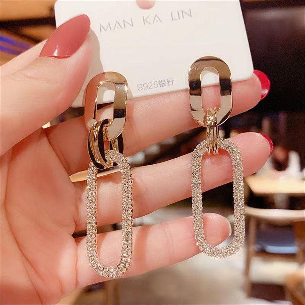 Solighter Anting Wanita Korea Emas Berlian Imitasi Stud Earrings