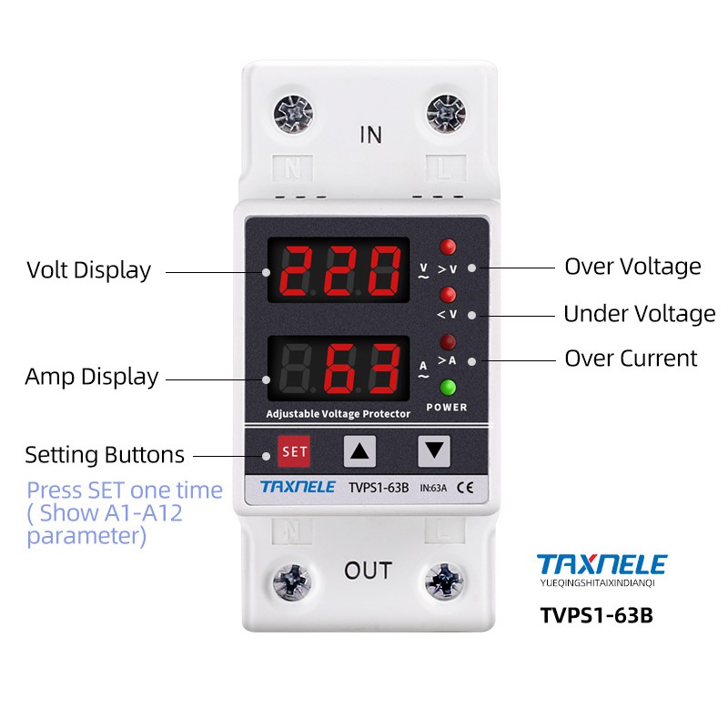 Din Rail Digital Over Under Voltage Current Protection 63A 230V