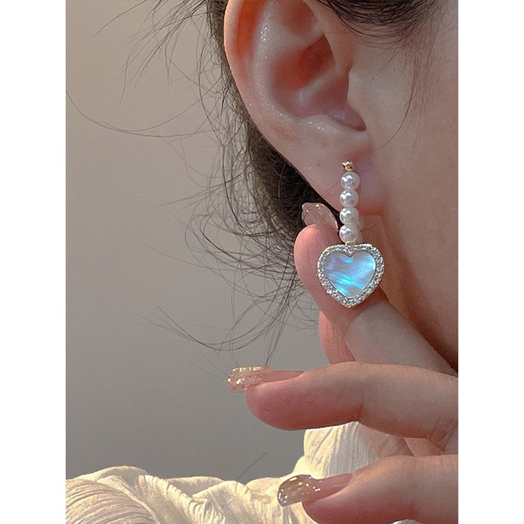 Anting Tusuk Gantung Temperament Bahan Sterling Silver 925 Desain Hatimutiaraberlian Gaya Perancis Untuk Wanita