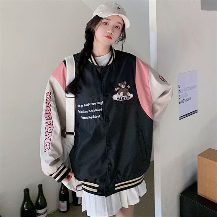 Takkep Jaket Baseball Outerwear Varsity Bear OOTD Korean Style Wanita Remaja