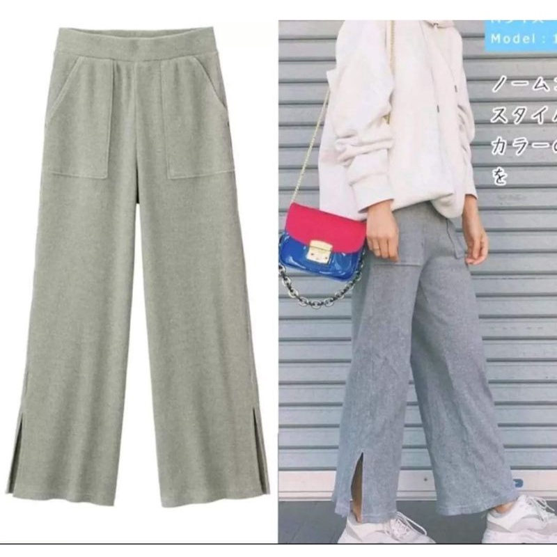 Celana Wanita Kulot Panjang Uniqlo GU Rib Slit Wide Long Pants Original Branded