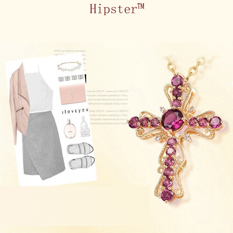 Hot Sale Refined Rhinestone Hollow Natural Ruby Cross Pendant Necklace