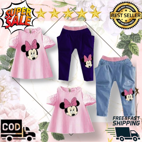 VISION ONLINE-STRIPY MINNIE PINKY/GRATIS ONGKIR DAN COD/ SETELAN ANAK PEREMPUAN 1-4 TAHUN MURAH LUCU