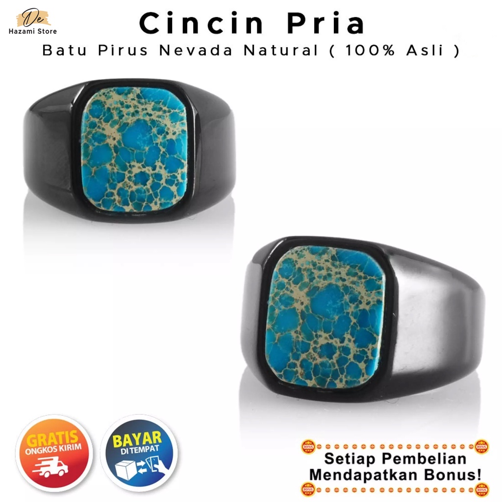 BISA COD Cincin Pria Batu Akik Titanium Pirus Nevada Natural Hitam 100% Asli Anti Karat