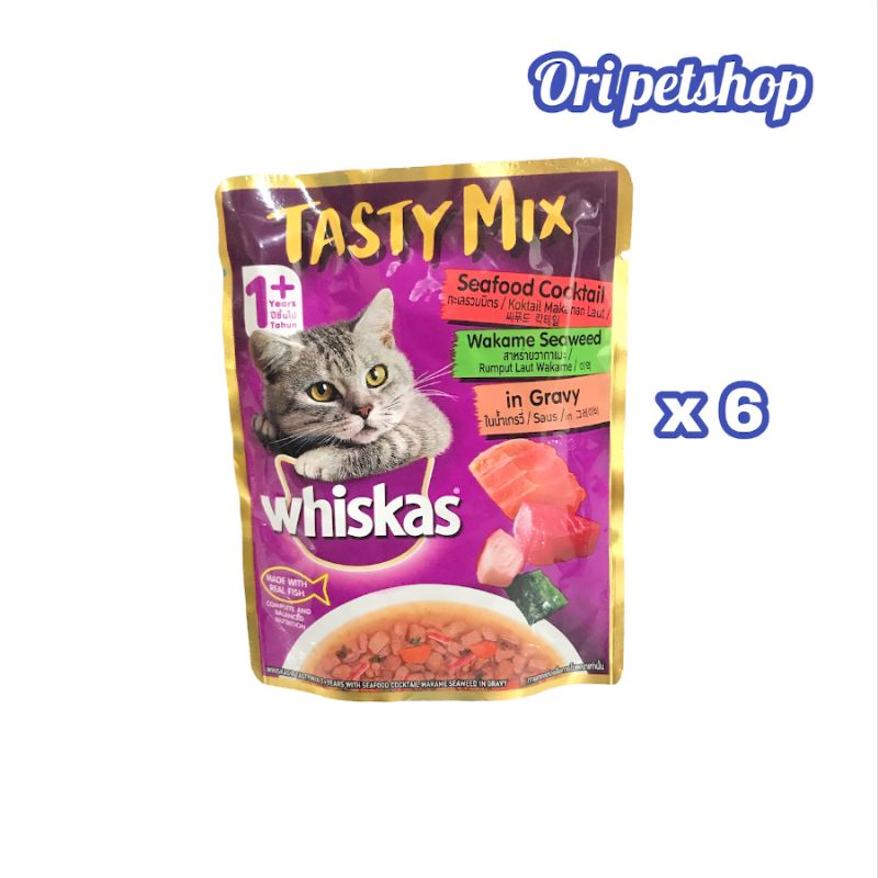 ( 6pcs) Whiskas Tasty Mix Pouch Sachet 70gr - Seafood Cocktail Wekame Seaweed in Gravy