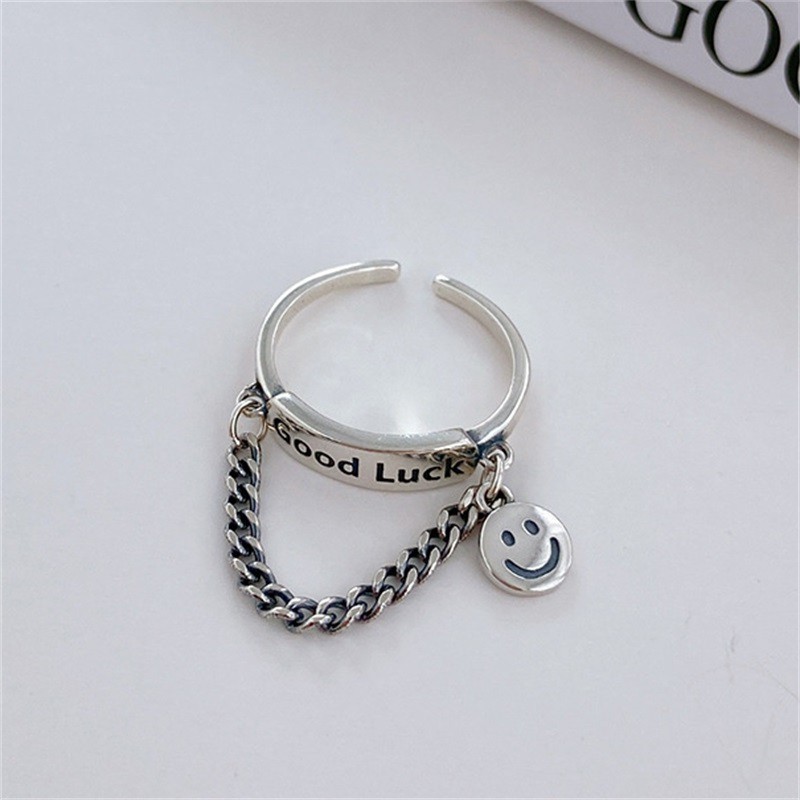 Cincin Rantai Model Terbuka Desain Smiley Face Bahan s925 Silver Gaya Thailand