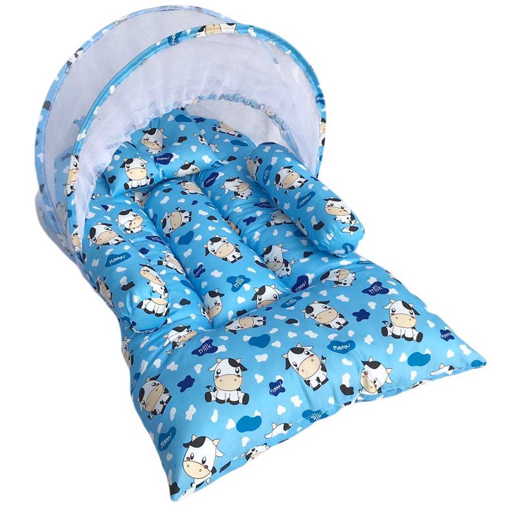 Kasur Bayi Berkelambu Lipat Bayi Motif Happy Cow Blue / Perlengkapan Tempat Tidur Bayi Set New Born