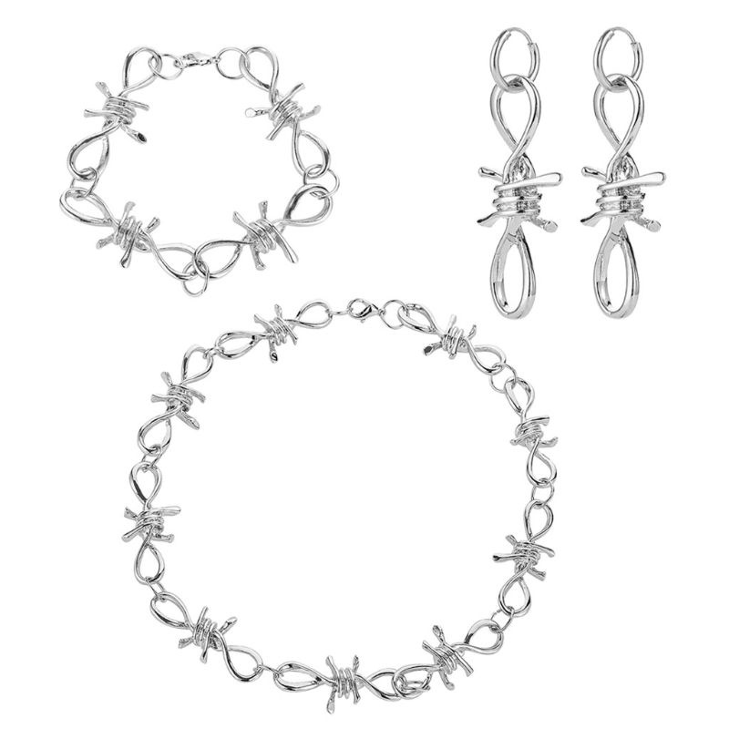 SIY  3Pcs Vintage Silver Punk Gothic Barbed Wire Brambles Chokers Necklace Bracelet Earrings Jewelry Set Men Women Jewerly