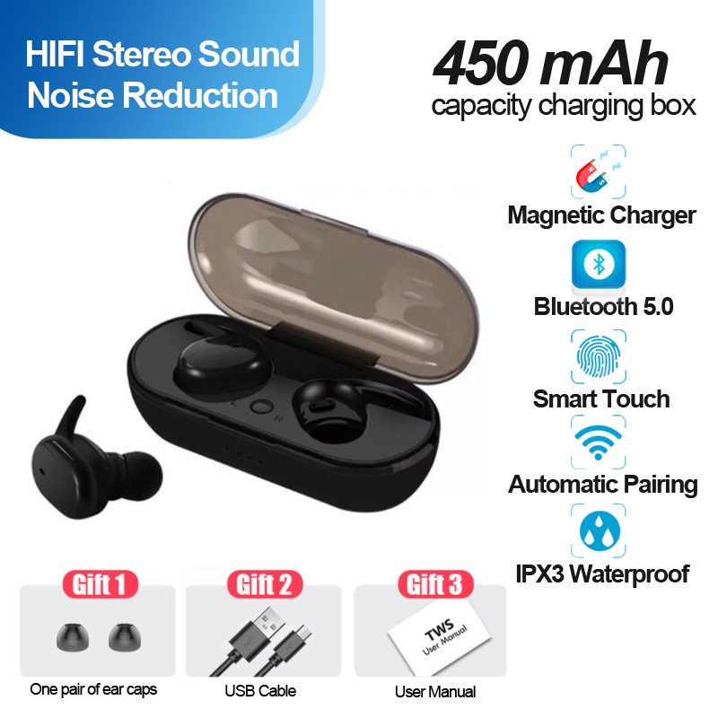 Y30 TWS Bluetooth Headset Bluetooth TWS Dengan Mikrofon 5.0 Earphone Bluetooth TWS HiFi Stereo Waterproof Earbuds Wireless