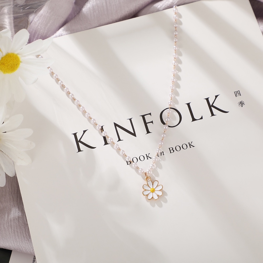 IFYOU Kalung Choker Rantai Liontin Bunga Aster Aksen Mutiara Warna Emas Gaya Korea Untuk Wanita