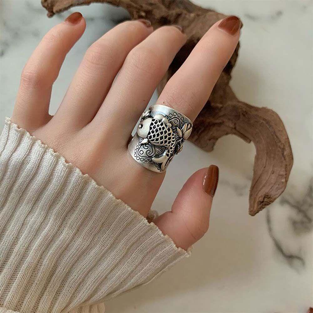 Mxbeauty Pembukaan Cincin Gaya Punk Retro Berongga Bentuk Ikan Lotus Tembaga Koin Menarik Kekayaan Perempuan Jari Cincin