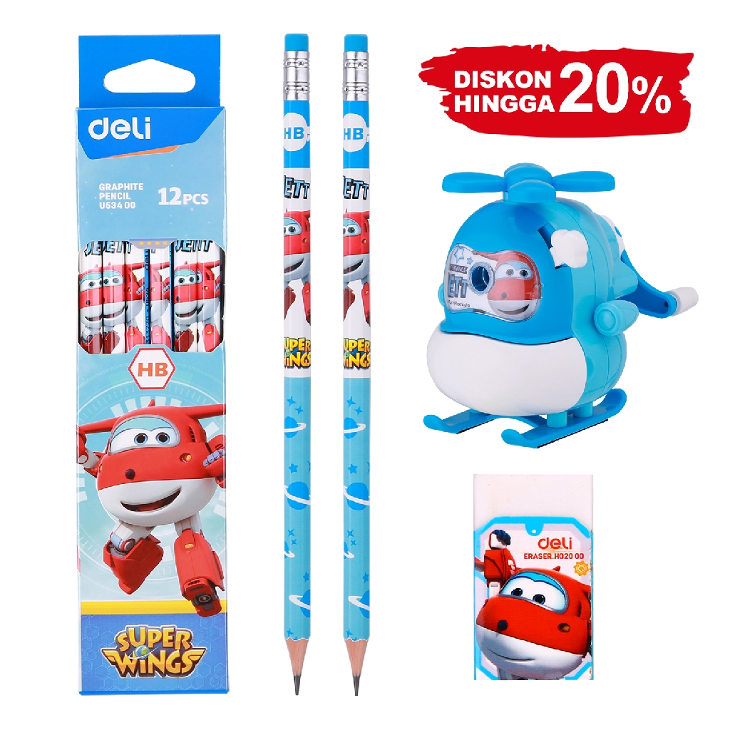 

Deli Superwings 2 12pcs HB Pensil Grafit ditambah Rautan putar Pensil dan Penghapus