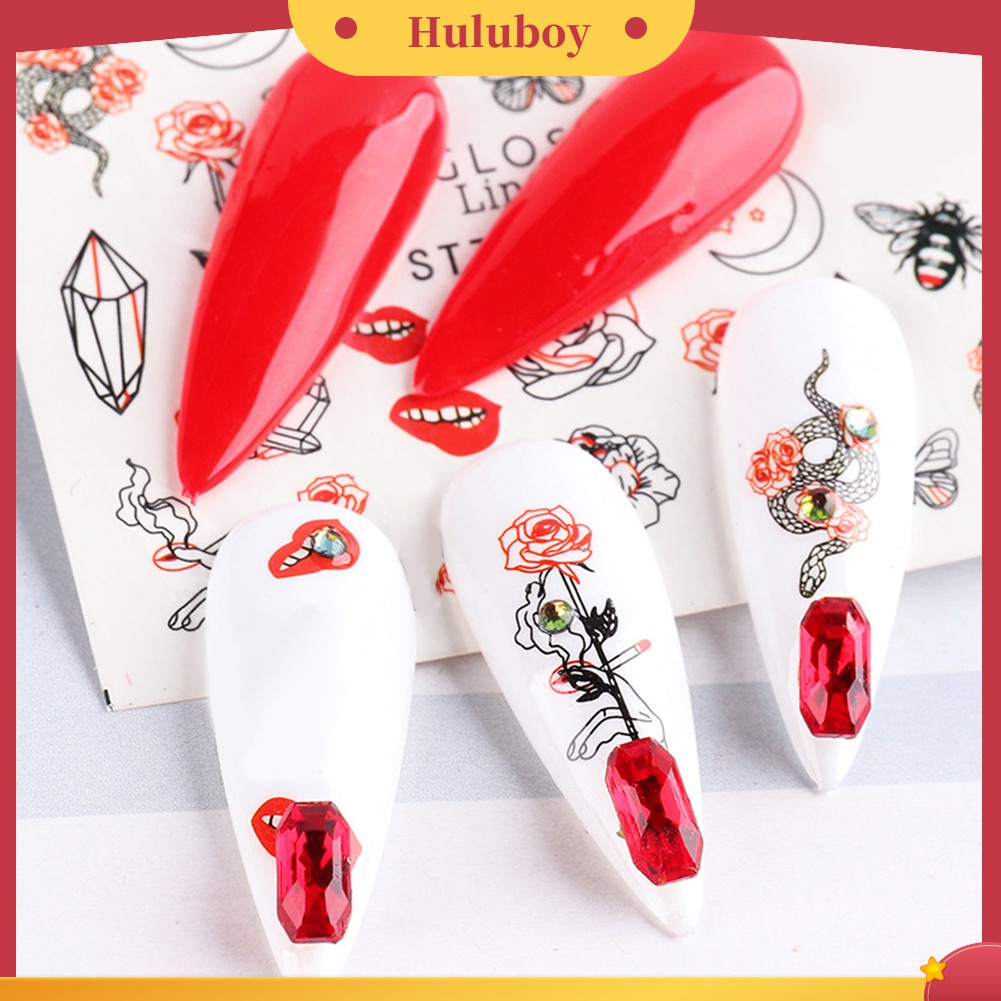 Huluboy Huluboy♡ 16 Lembar Stiker Kuku Motif Garis / Wajah Untuk Dekorasi Manicure