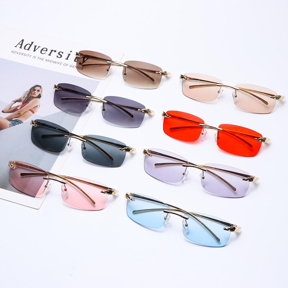 [POPULAR] Vintage Clear Lens Sunglasses Small Frame Rimless Rectangle Sunglasses UV400 Metal Sun Glasses Unique Cheetah Eyewear/Multicolor