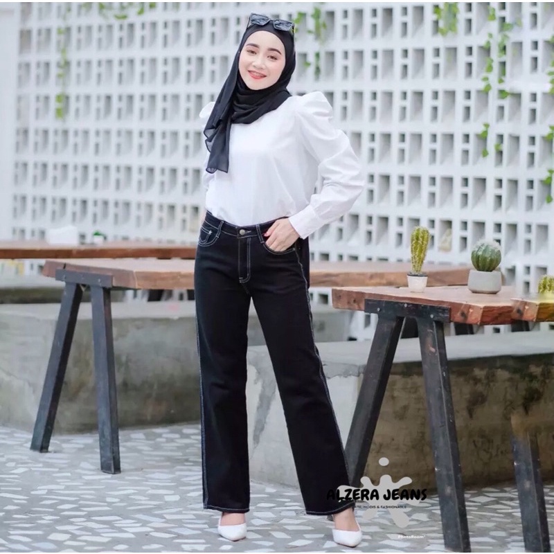 ALZERA•HITAM LIST PUTIH LOOSE KULOT JEANS / BLACK LIST WHITE HW LOOSE KULOT JEANS / CELANA HIGHWAIST LOOSE JEANS WANITA CEWEK