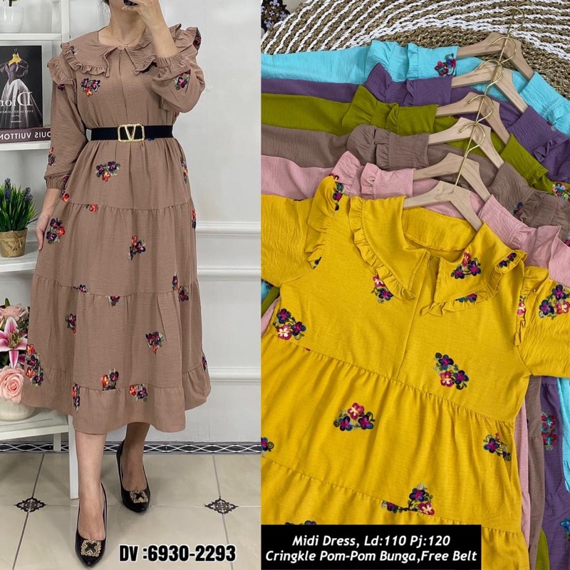 Midi Dress - Crinkle Pom Pom Bordir - Free Belt