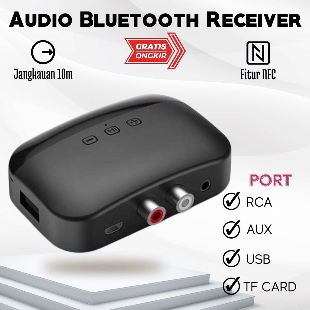 Audio Bluetooth Receiver Adapter dengan Port RCA AUX 3.5 / Blutut Audio Receiver dengan NFC