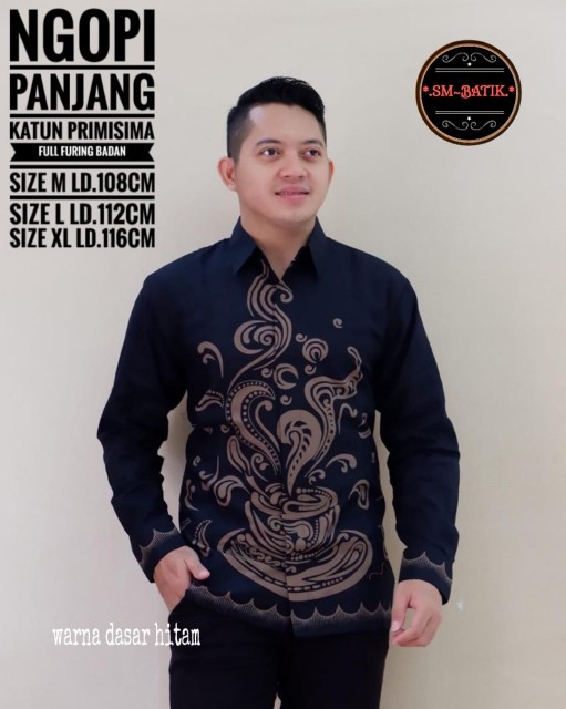 Ngopi Kemeja Batik Pria Lengan Panjang Katun Halus Full Furing Sm Batik