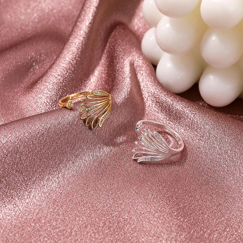 Fashion Zirkon Cinta Hati Sayap Terbuka Cincin Untuk Wanita Hip-hop Berongga Bulu Jari Telunjuk Cincin Permen Perhiasan