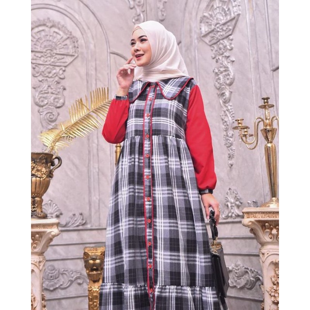 ZAJA - Baju Gamis Rianty Dress /Terbaru Gamis Motif Kotak Kotak Kombinasi Polos Desain Simple Dan Menawan / Dress Muslim Flanel Kasual Full Motif / Gamis Murah Menawan / Baju Muslim Kotak-kotak Mix Polos Wanita