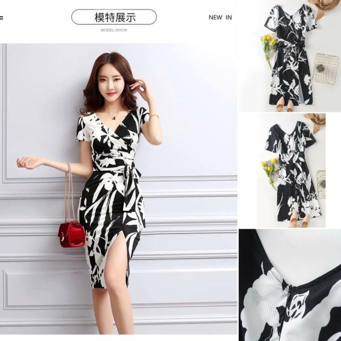 DRESS MINI DRESS PESTA WANITA KOREA ELEGAN MODEL SLIM HITAM MOTIF BUNGA IMPROT RP DRESS WANITA