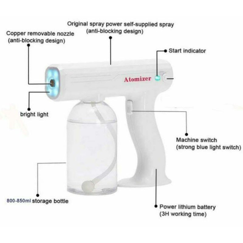 (BOW) Nano Spray Gun Atomizer Disinfektan Penyemprot Nano Fogging Blue Light Wireless