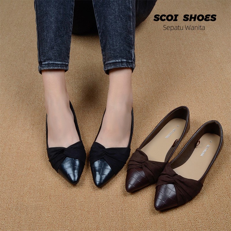 Sepatu Flat Wanita Yang Diimpor Dengan Ujung Runcing Busur Ballet Flat - Scoi Shoes