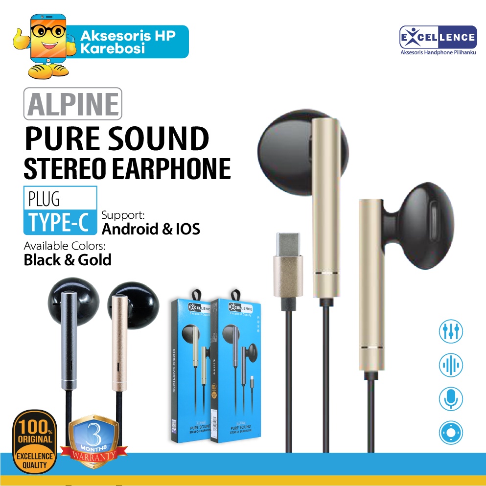 Handsfree Excellence Stereo Alpine Plug Type C Earphone Headset Headphone