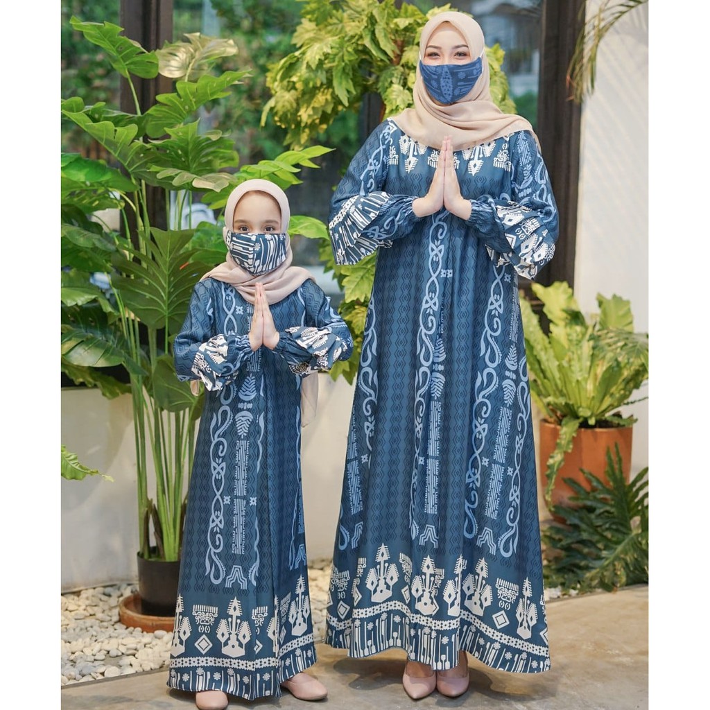 Gamis Wanita Kia Maxi Motif | Fashion Muslim Wanita | Dress Muslim Wanita Busui Friendly All Size-Kia Navy (dewasa)