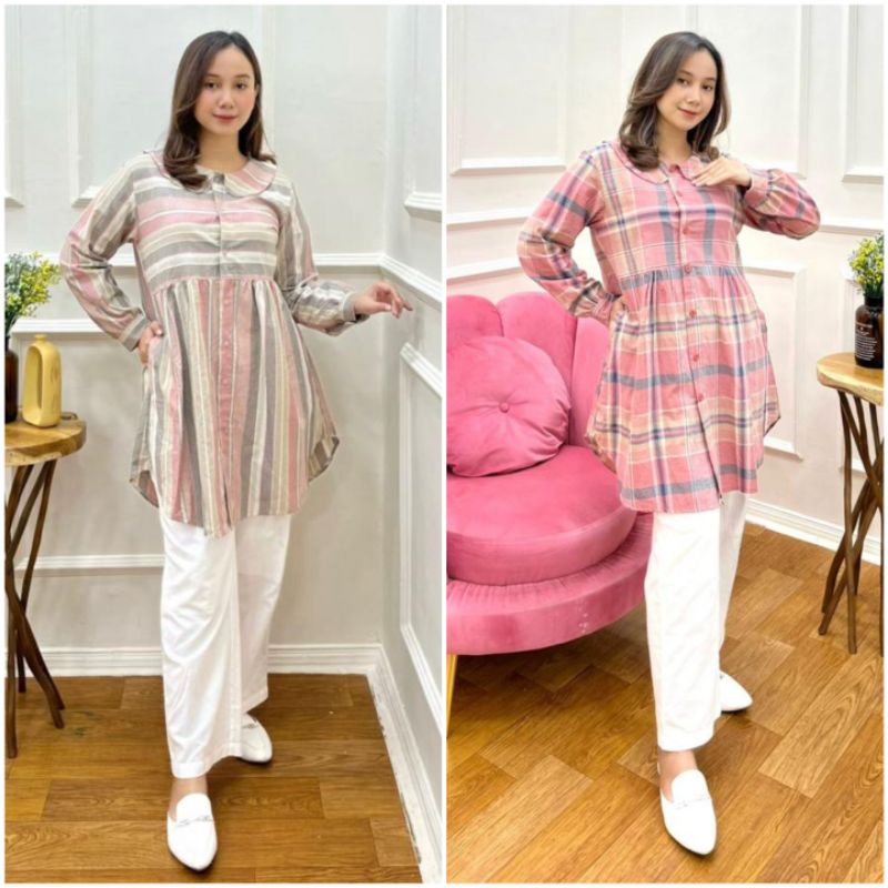 BISA COD AZKIYAHIJAB29 TUNIK TRISHET ATASAN WANITA KATUN TRISET BRANDED SALE DISKON BAJU BLOUSE TRIS