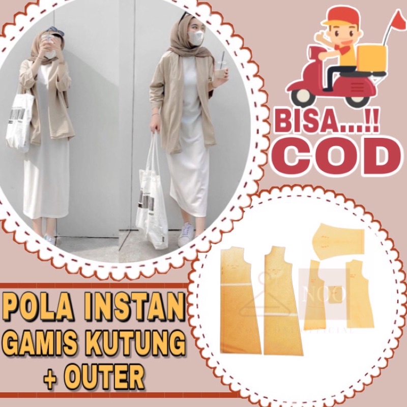 BISA COD ✔️ Pola instan set gamis kutung + Outer kekinian - Pola jiplak setelan outer tinggal cetak 