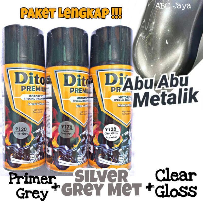 Paket Pylok Pylox Diton Premium 400ml Primer Grey 9120 + Silver Grey Met 9178 + Clear 9128 , Silfer 