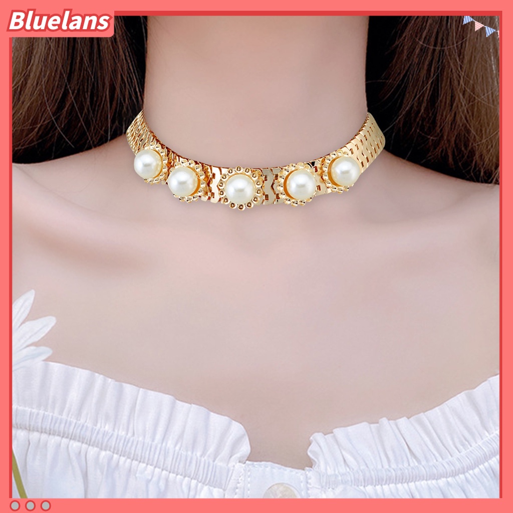 Kalung Rantai Ular Adjustable Bahan Alloy Hias Mutiara Berlian Imitasi Untuk Wanita