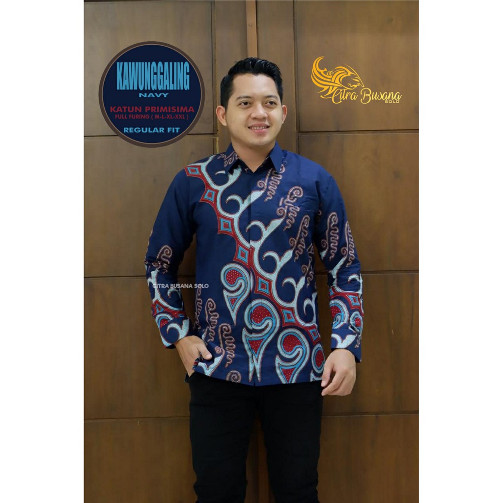 KAWUNGGALING NAVY Kemeja Batik Pria Full Furing Bahan Katun Primisima