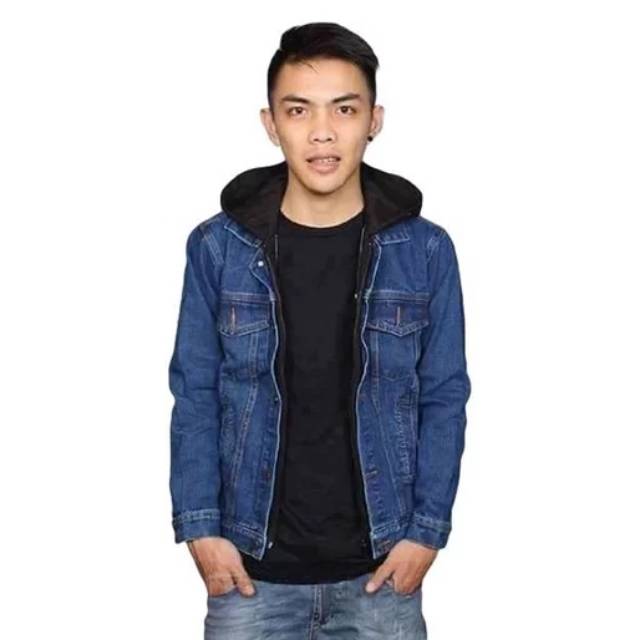 Jaket Jeans Hoodie Ariel Casual Pria - Jaket Jeans Denim Double Sleeting - Biowash